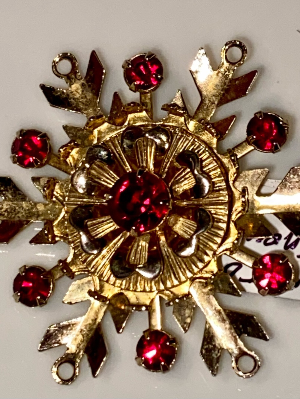 1950 Gold-Tone Floral Snowflake Pendant with Red Stones